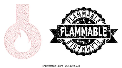 Flammable rubber stamp seal and vector flammable flask mesh model. Black stamp seal includes Flammable caption inside ribbon and rosette. Abstract flat mesh flammable flask, built from flat mesh.