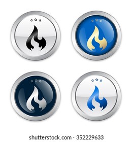 flammable seals or icons with flame symbol. Silver vector icons.