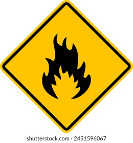 Flammable sign. Caution flammable substances. Yellow diamond shaped warning road sign. Diamond road sign. Rhombus road sign.