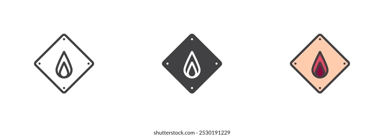 Conjunto de ícones de estilo diferente do sinal inflamável. Linha, glifo e preenchido esboço versão colorida, contorno e sinal de vetor preenchido. Símbolo, ilustração de logotipo. Gráficos vetoriais