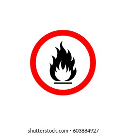 Flammable sign, flame pictogram. White circle framed by a red line vector icon