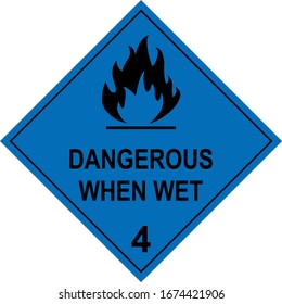 Flammable solid dangerous when wet caution sign. Dangerous goods placards class 4. Black on cyan-blue background.