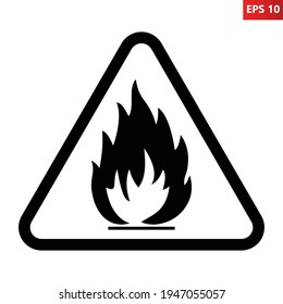 Signo de sustancias inflamables. Ilustración vectorial del signo de advertencia del triángulo blanco y negro con fuego de llama dentro. Atención. Zona de peligro. Cuidado con los materiales inflamables. Mantente alejado del símbolo de fuego.