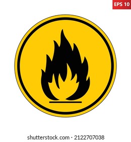 Flammable substances sign. Vector illustration of yellow circular warning sign with flame fire inside. Caution flammable materials. Keep away from fire symbol. Danger zone. Attention.