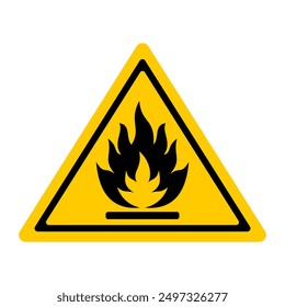 Signo de sustancias inflamables. Ilustración vectorial de señal de advertencia de triángulo amarillo con fuego de llama en el interior. Atención. Precaución materiales inflamables. icono de peligro. Vector imprimible.