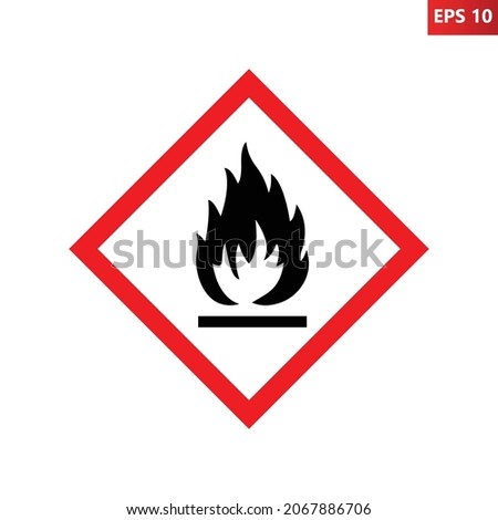 Flammable substances sign. Vector illustration of red border square sign with flame fire inside. Attention. Danger zone. Caution flammable materials. Keep away from fire symbol.