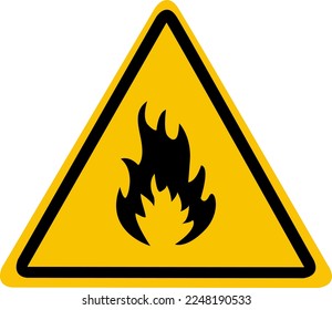 Signo de sustancias inflamables. Triángulo amarillo con llama adentro. Precaución y advertencia.