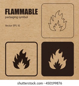 Flammable vector packaging symbol on vector cardboard background. Handling mark on craft paper background. Can be used on a box or packaging. Vector EPS 10.