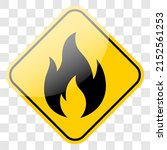 Flammable warning icon on yellow street sign frame. Black fire flame danger symbol. Vector illustration isolated.
