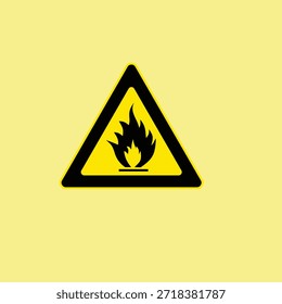 Ícone de sinal de aviso inflamável com símbolo de fogo em triângulo amarelo. Ilustração de vetor plano do sinal de perigo de incêndio usado para instruções de segurança, zonas industriais e rótulos de advertência.