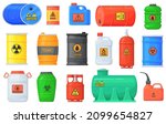 Flammable waste. Safety drum container with chemical explosive substance, fuel barrel for transportation storage, nuclear liquid, vector illustration. Toxic chemical uranium, flammable and hazardous