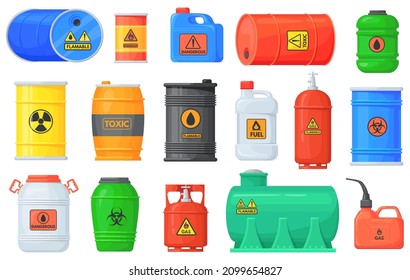 Flammable waste. Safety drum container with chemical explosive substance, fuel barrel for transportation storage, nuclear liquid, vector illustration. Toxic chemical uranium, flammable and hazardous