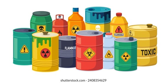 Flammable waste set. Container with chemical explosive substance. Toxic chemical, vector illustration set