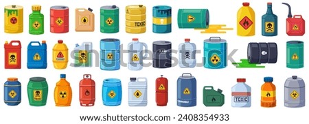 Flammable waste set. Container with chemical explosive substance. Toxic chemical, vector illustration set