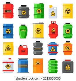 Residuos inflamables. Contenedor de tambor de seguridad con sustancia química explosiva, barril de combustible para almacenamiento, líquido nuclear. Uranio químico tóxico, inflamable y peligroso. Ilustración del vector