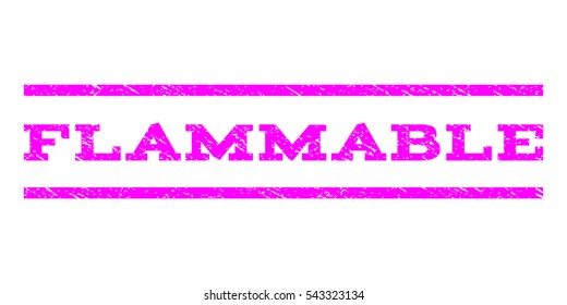 Flammable watermark stamp. Text tag between horizontal parallel lines with grunge design style. Rubber seal stamp with scratched texture. Vector magenta color ink imprint on a white background.