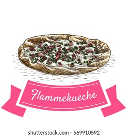 Flammekueche colorful illustration. Vector illustration of French cuisine.