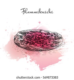 Flammekueche watercolor effect illustration. Vector illustration of French cuisine.