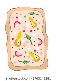 Flammkuchen with cream, onion and bacon on thin crust. Flat vector illustration of traditional German Alsatian tarte flambee, perfect for menu design or food graphics.
