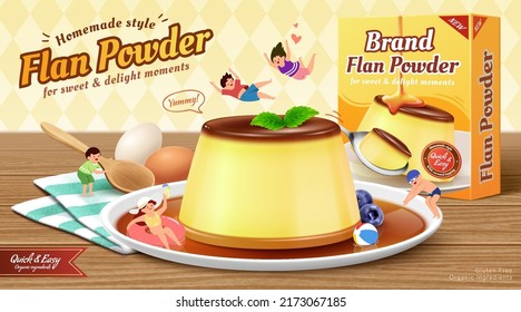 Flan powder ad. 3D Illustration of a custard pudding on plate dipped in caramel sauce and miniature kids playing around with the food on a wooden table