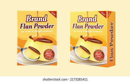 Flan powder package design mockup set in 3d illustration isolated on light yellow background