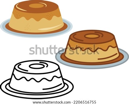 Flan pudding with caramel and vanilla topping. Typical brazilian,portuguese, spanish condensed milk dessert. Vector icon set with black outline and colored illustration. 