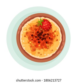 Flan Pudding Garnished with Strawberry as Spanish Cuisine Dessert Served on Plate Vector Illustration