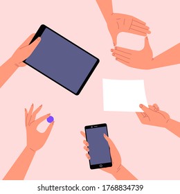 Fland illustration of hands holding smartphone, tablet, paper, small ball and doing a crop gesture