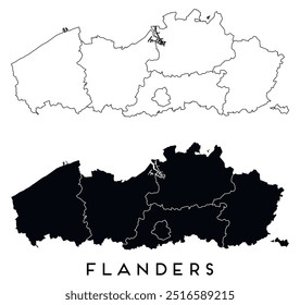 Flanders map of regions districts vector black on white and outline