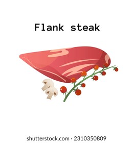 
Flank steak fresh  meat. Cartoon steak with tomato and mushrooms. Food for bbq, meal from butcher shop isolated, meat for menu. Vector illustration