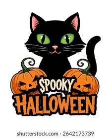 Flanking the cat are two traditional orange jack-o'-lanterns with carved faces, perfectly embodying the spirit of Halloween festivities.