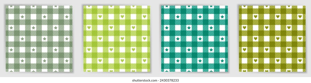 Colección de adornos interminables a cuadros de franela. Sencillo conjunto de estampado textil con estrellas y corazones. Muestras geométricas a cuadros de franela para estampado de tela de abrigo.