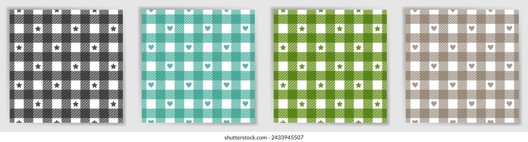 Flanell karierte endlose Ornament-Set. Schöne Royal Stewart Tartan Check Textil Print Sammlung mit Sternen und Herzen. Flanell karierte geometrische Ornamente für Pyjamas Stoffdruck.