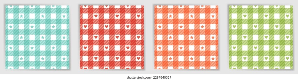 Flannel checkered seamless pattern collection. Abstract royal stewart tartan check textile print set with stars and hearts. Flannel checkered square patterns for handkerchief fabric print.