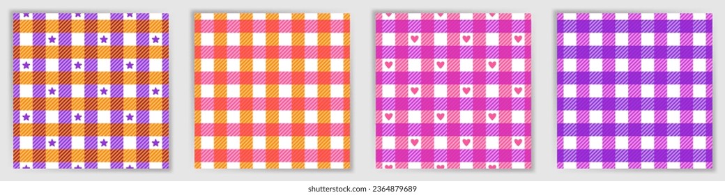 Flannel checkered seamless pattern set. Scottish royal stewart tartan check fabric print collection with stars and hearts. Flannel checkered striped patterns for blanket textile print.