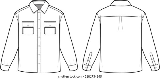 Flannel Collared Button Shirt Flat Technical Drawing Illustration Blank Mock-up Template for Design and Tech Packs CAD Technical Sketch