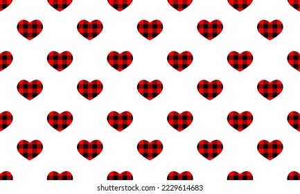 Flannel hearts with buffalo print seamless pattern. Repeating love symbols with gingham checkered design background. Vector flat illustration.