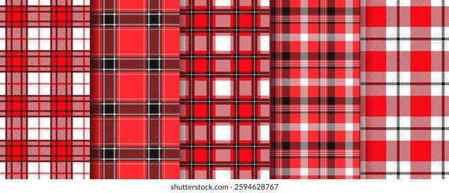 Flannel seamless pattern. Gingham red black background. Set checkered buffalo prints. Plaid table cloth texture. Tartan tablecloth. Check cotton fabric. Kitchen cloth textile. Vector illustration