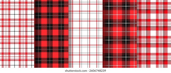 Flannel seamless pattern. Gingham red black background. Set plaid buffalo prints. Checkered table cloth texture. Tartan tablecloth. Check cotton fabric. Kitchen cloth textile. Vector illustration