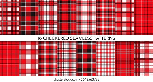 Flannel seamless pattern. Gingham red black background. Set checkered buffalo prints. Plaid table cloth texture. Tartan tablecloth. Check cotton fabric. Kitchen cloth textile. Vector illustration
