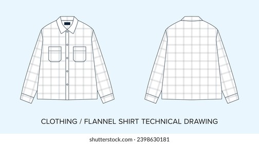 Flannel Shirt Technical Drawing, Apparel Blueprint for Fashion Designers. Detailed Editable Vector Illustration, Black and White Clothing Schematics, Isolated Background