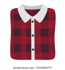 Flannel shirt vector in flat cartoon style. Folded red plaid button-up shirt. Fashion illustration isolated on white background.