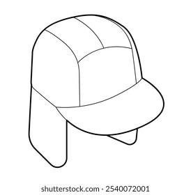 Flap Protective Cap Hat. Summer Head Fashion accessory clothing technical illustration. Vector headgear for Men, women, unisex style, flat template CAD mockup sketch outline isolated