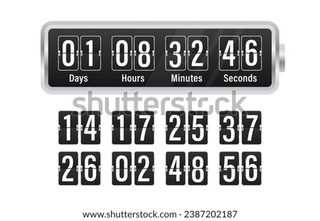 Flap time and day wall clock. Number counter template plus all digits with flips. Countdown. Wall flap clock, number counter template. Vector illustration