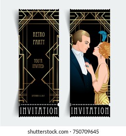 Flapper 20's style. Vintage party or thematic wedding invitation design template. Beautiful couple in art deco style. Retro fashion: glamour man and woman of twenties. Vector illustration. 