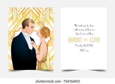 Flapper 20's style. Vintage party or thematic wedding invitation design template. Beautiful couple in art deco style. Retro fashion: glamour man and woman of twenties. Vector illustration. 