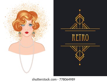 Flapper 20's style. Vintage party or thematic wedding invitation design template. Beautiful girl in art deco style. Retro fashion: glamour woman of twenties. Vector illustration. 