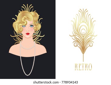 Flapper 20's style. Vintage party or thematic wedding invitation design template. Beautiful girl in art deco style. Retro fashion: glamour woman of twenties. Vector illustration. 