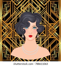 Flapper 20's style. Vintage party or thematic wedding invitation design template. Beautiful girl in art deco style. Retro fashion: glamour woman of twenties. Vector illustration. 