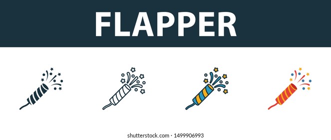 Flapper With Confetti icon set. Four elements in diferent styles from party icon icons collection. Creative flapper with confetti icons filled, outline, colored and flat symbols.